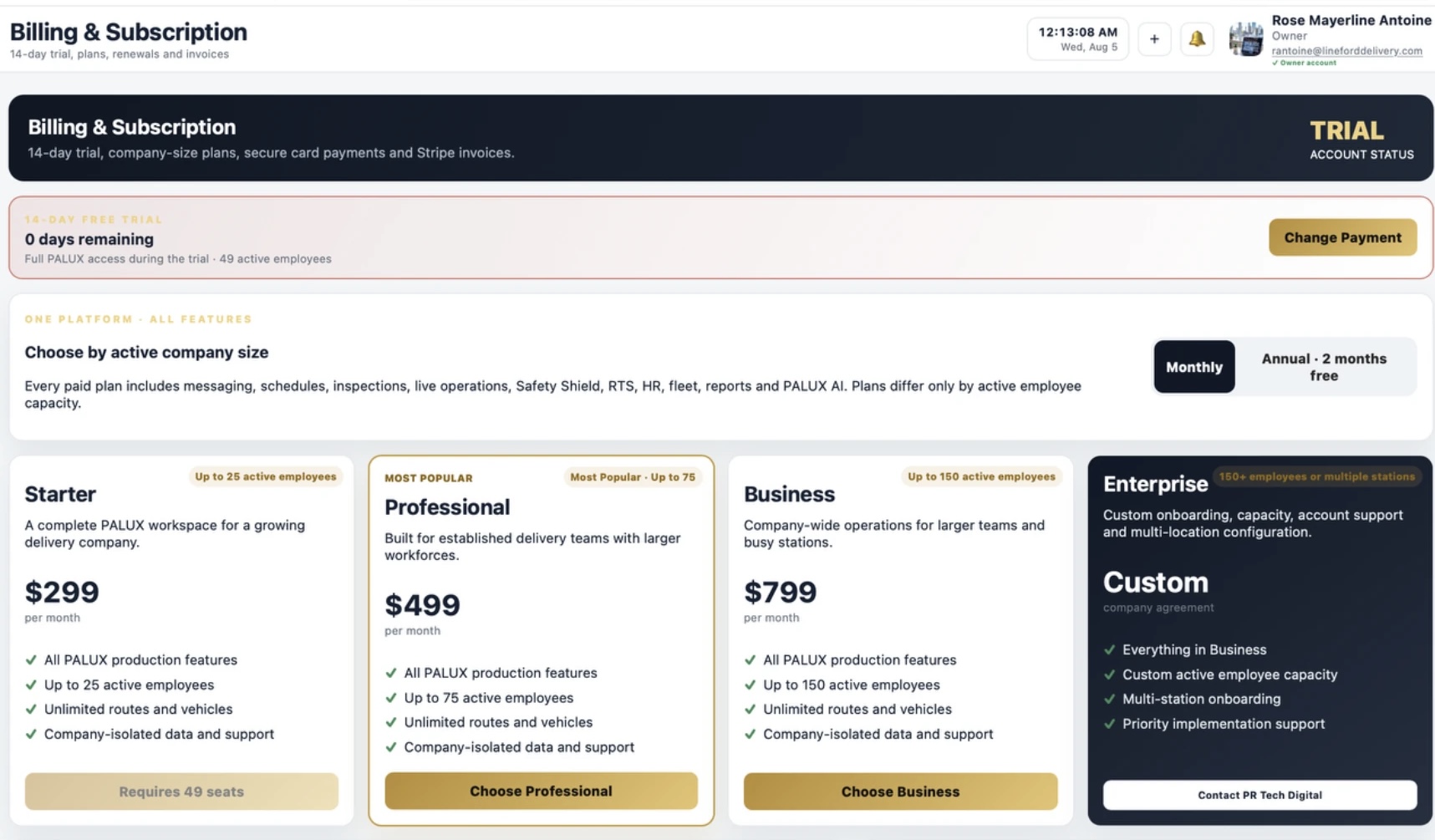 PALUX billing and subscription plans inside the live platform