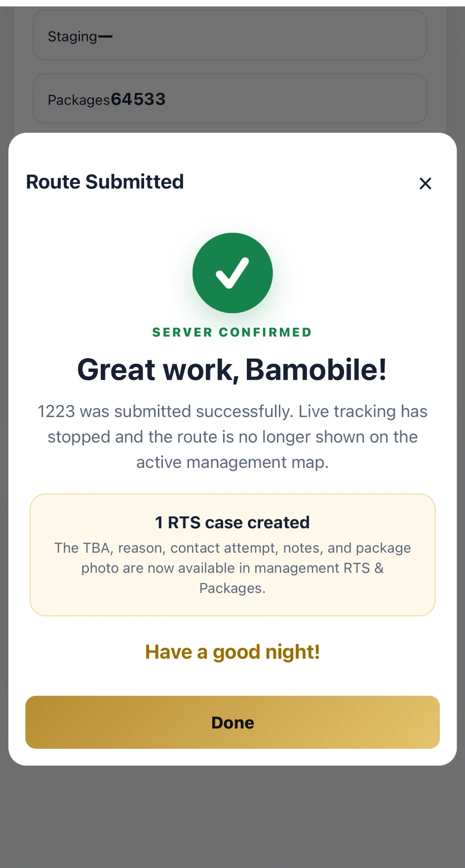 PALUX completed route confirmation on mobile