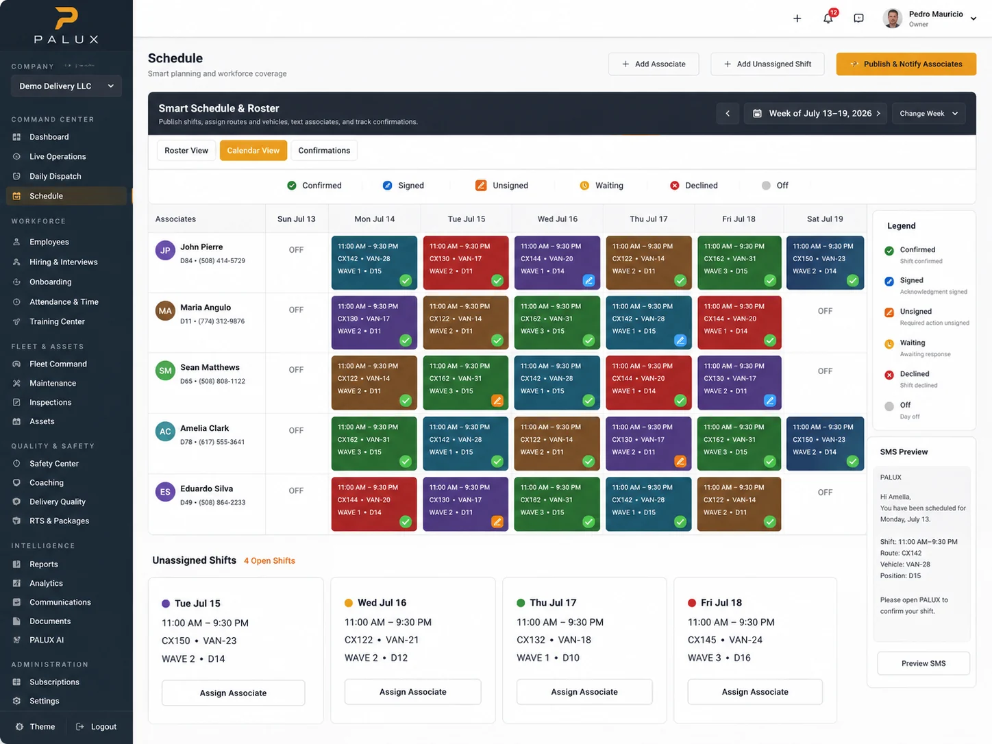 PALUX weekly scheduling and roster workspace